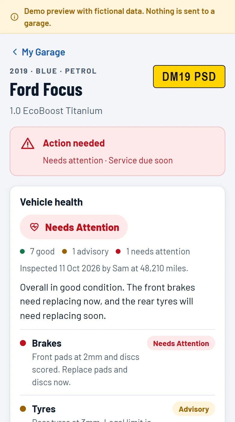 The PitstopDash alpha on a phone, showing a Ford Focus vehicle health report with brakes that need attention and a tyre advisory.